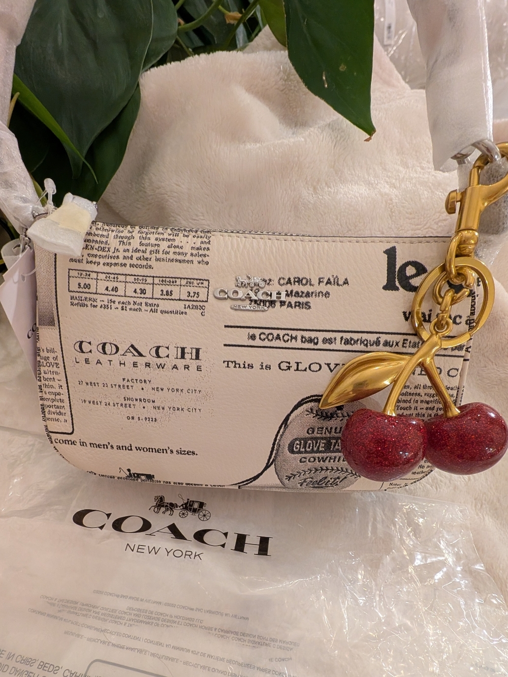 Coach Outlet Nolita 19 W/ Newspaper Print - Excellent Pattern  W/ Cherries Charm